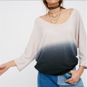Free People Tee Linen Cotton Three Quarter Sleeve Dip Dye Ombre Black Blue S NWT